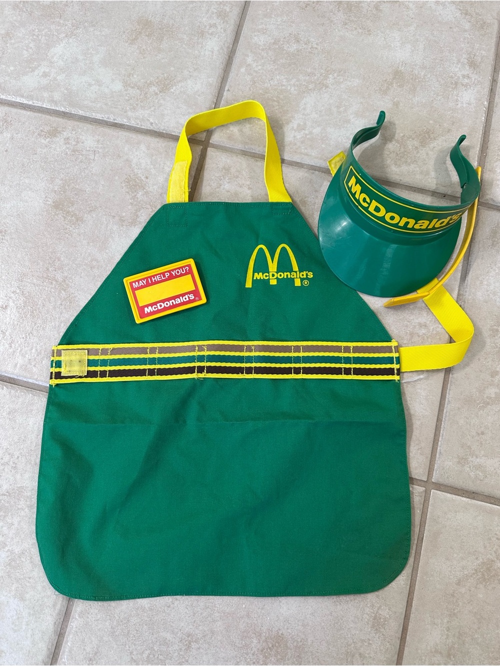 Vintage Fisher-Price McDonald's Kids Apron & Visor Play Set with name tag